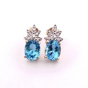 14k Solid Yellow Gold Diamonds and Blue Topaz Earrings Studs